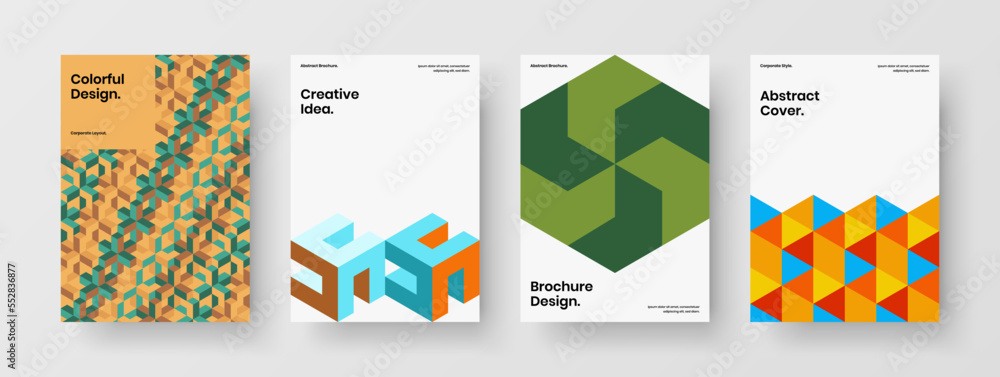 Premium geometric shapes book cover template bundle. Creative company identity A4 design vector illustration composition.
