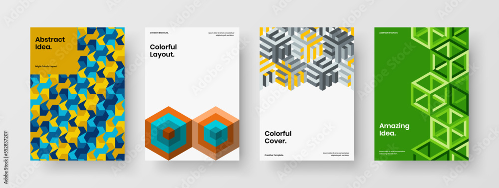 Clean company cover A4 vector design template collection. Unique mosaic pattern front page concept set.