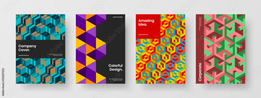 Vivid mosaic hexagons leaflet template collection. Bright magazine cover vector design concept bundle.