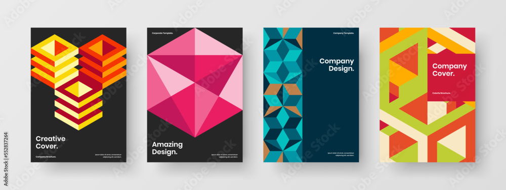 Modern mosaic shapes magazine cover illustration collection. Premium annual report design vector template composition.