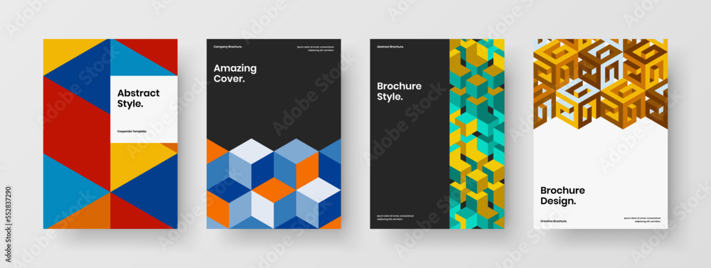 Colorful journal cover A4 design vector template set. Original geometric hexagons annual report concept bundle.