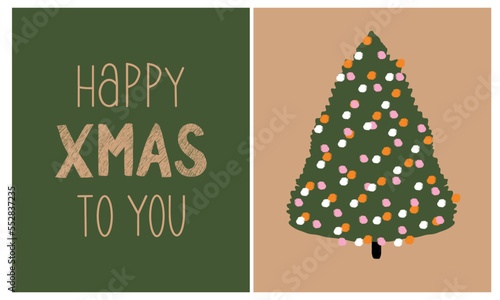 Simple Hand Drawn Winter Holidays Vector Illustrations. Green Abstract Christmas Tree with Orange, Pink and White Lights on a Brown Background ideal for Christmas Print. Infantile Style Xmas Card.