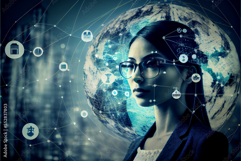 Young Woman Inside Web of Global Business. generative ai Young Woman Inside Web of Global Business. generative ai