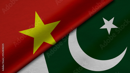 3D Rendering of two flags from Socialist Republic of Vietnam and Republic of pakistan together with fabric texture, bilateral relations, peace and conflict between countries, great for background