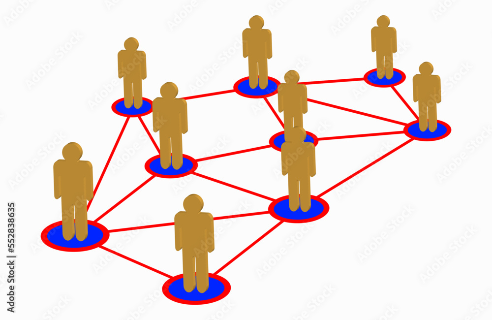 a crowd of yellow men stands on red and blue circles interconnected a crowd of yellow men stands on red and blue circles interconnected