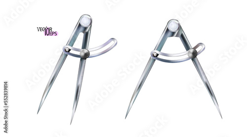 Realistic compass or dividers, open marking tool. Chrome work instrument isolated. Bench device blued modern, steel. Locksmith. Vector illustration.
