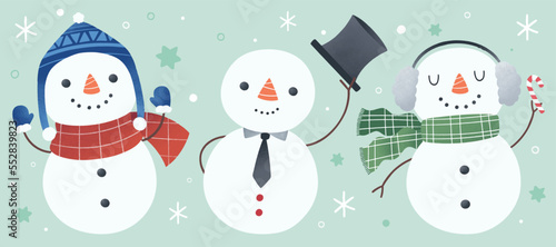 Set of cute cartoon snowman in winter theme for New year decoration on winter background flat vector illustration