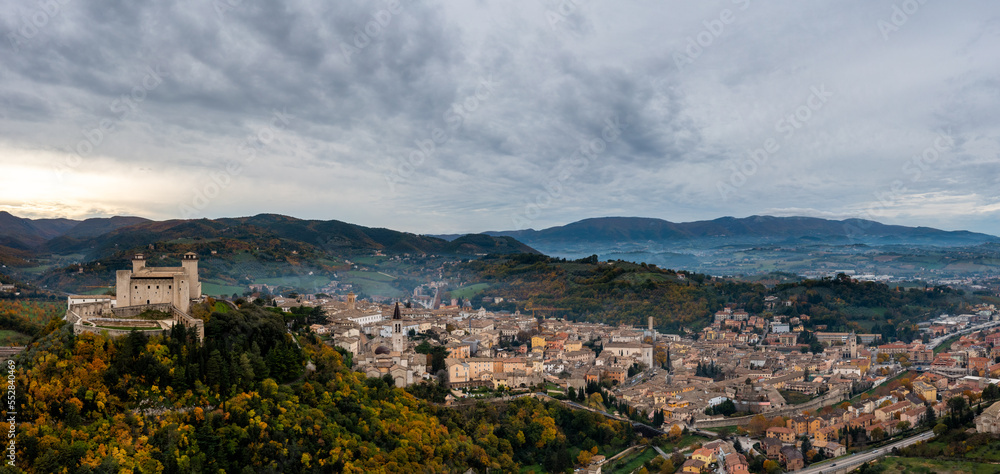 panorama view of historic Spoleto with the Rocca Albornoziana fortress and cathedral