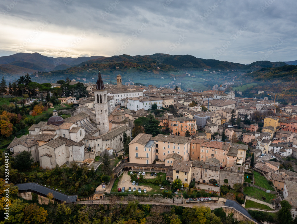 panorama view of historic Spoleto with the Rocca Albornoziana fortress and cathedral