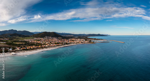 aerial panroama landscape Siniscola and the Sardinian coast on the turquoise Tyrrhenian Sea