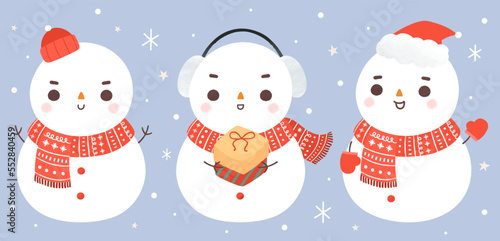 Set of cute hand drawn snowman in red scarf and hat for winter flat vector cartoon illustration