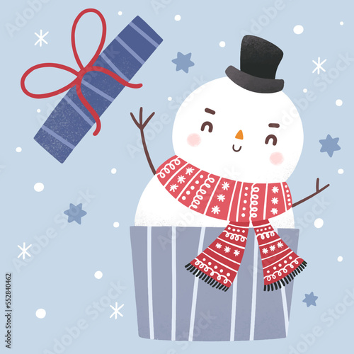 Happy snowman in surprise gift box for holidays greeting card on winter background