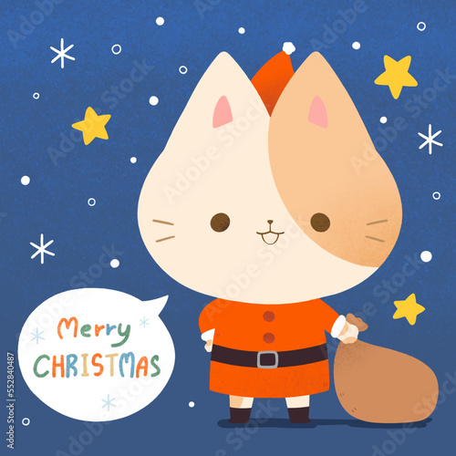 Greeting with cute cartoon cat in Santa costume for winter and christmas on blue background
