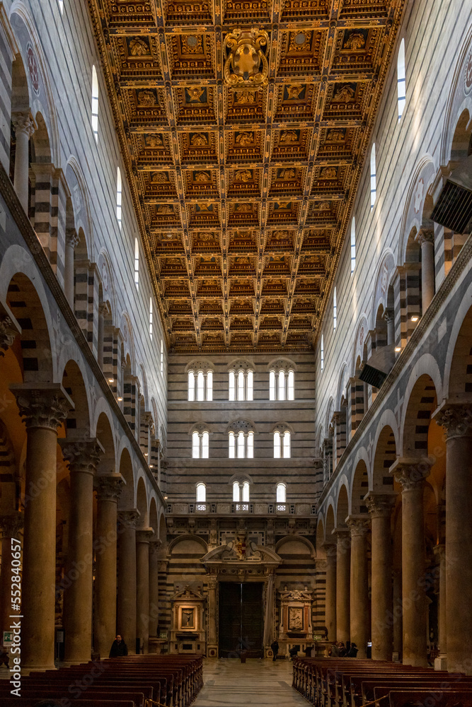 view of ther coffer ceiling inside the medieval Pisa Cathedral