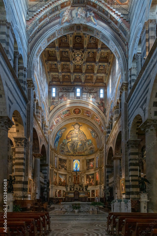 nave and central altar with fresco inside the medieval Pisa Cathedral