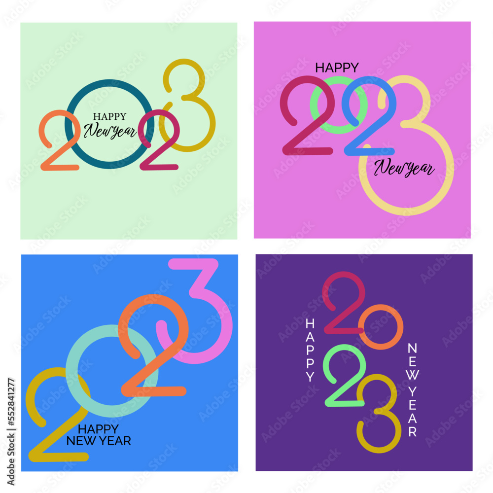 Creative concept of 2023 Happy New Year posters set. Design templates with typography logo 2023 for celebration and season decoration. Minimalistic trendy backgrounds for branding, banner, cover, card Creative concept of 2023 Happy New Year posters set. Design templates with typography logo 2023 for celebration and season decoration. Minimalistic trendy backgrounds for branding, banner, cover, card