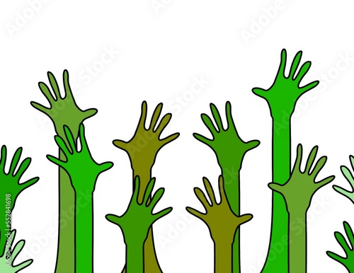 green hands raised up in the sky 