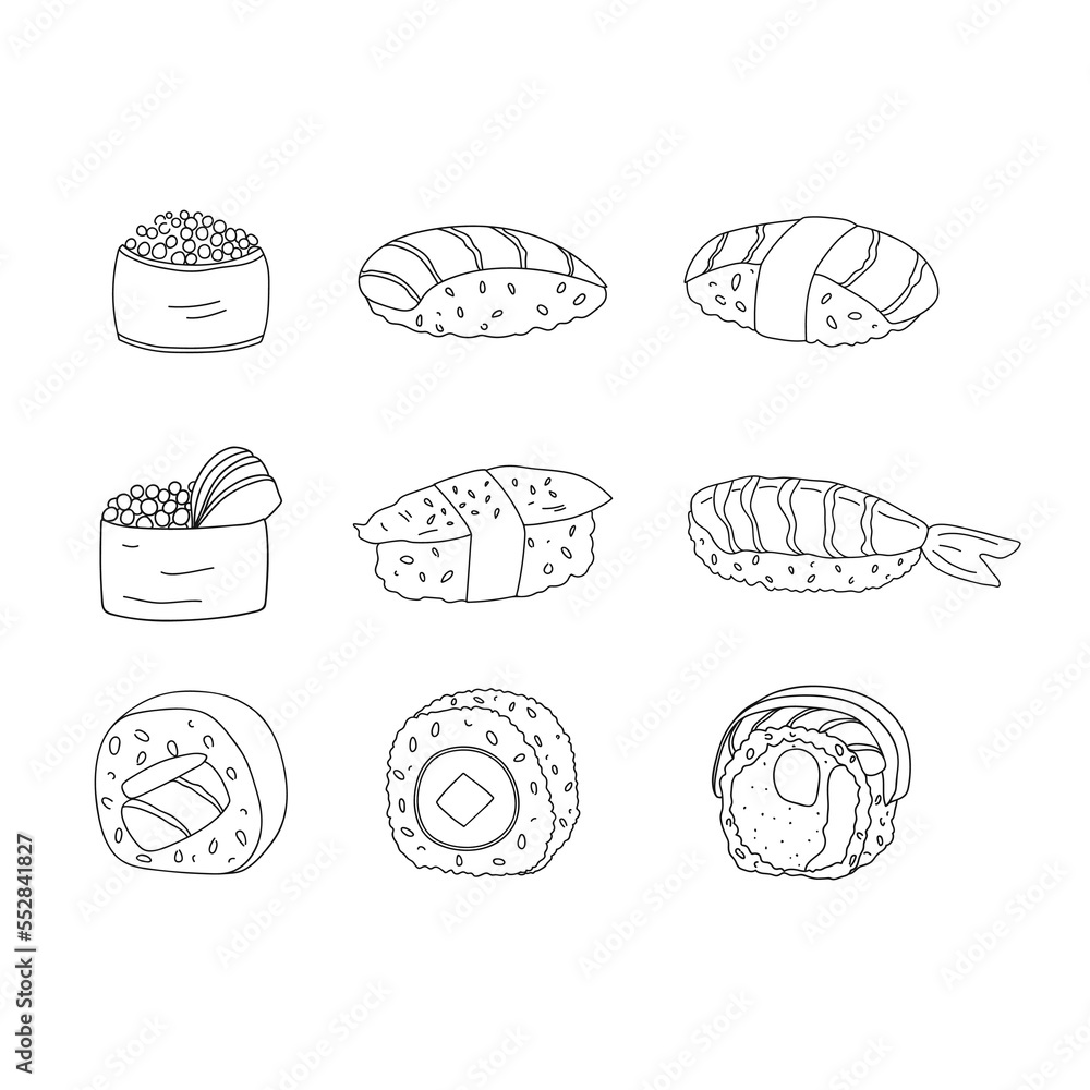Set of doodle Japanese sushi