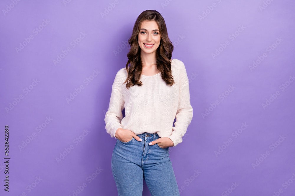 Photo of attractive person lady hands pockets wear smart casual outfit curly hairdo successful entrepreneur isolated on purple color background Photo of attractive person lady hands pockets wear smart casual outfit curly hairdo successful entrepreneur isolated on purple color background
