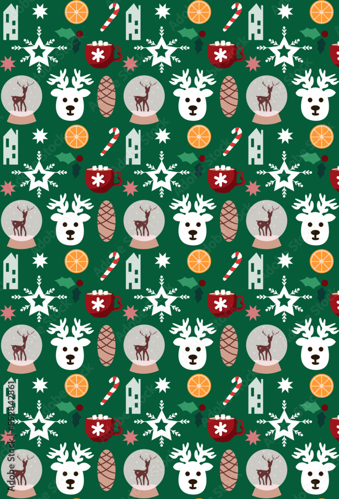 Fototapeta premium Christmas seamless pattern with stars, berries, glass ball with snow, deer and christmas tree on green background. Good for wrapping paper