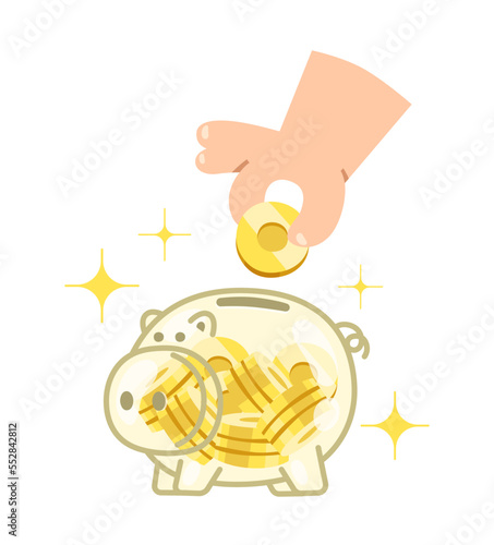 clear glass piggy bank with gold coin inside, human hand