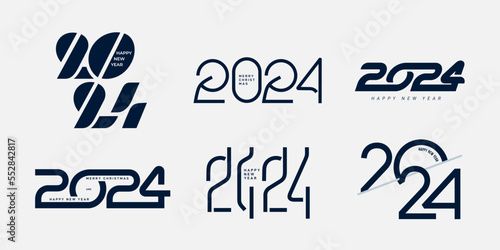 Big set 2024 Happy New Year black logo text design. Trends 2024 number design template. Modern symbols 2024 Happy New Year. Vector illustration with creative black labels for banner, greeting, holiday photo