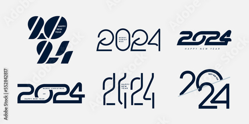 Big set 2024 Happy New Year black logo text design. Trends 2024 number design template. Modern symbols 2024 Happy New Year. Vector illustration with creative black labels for banner, greeting, holiday