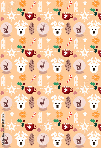 Fototapeta Naklejka Na Ścianę i Meble -  Christmas seamless pattern with stars, berries, cacao, candy cane,oranges ,deer and christmas tree on yellow background. Good for wrapping paper