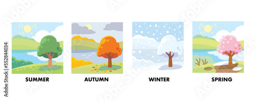 Four seasons icon set. Tree in four times of year spring, summer, fall and winter vector illustration. 4 graphic element representing winter, spring, summer, autumn with green, yellow, orange leaves.
