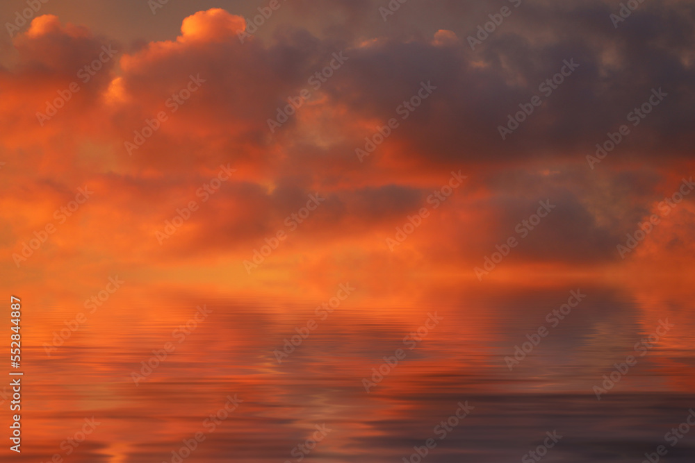 sea water surface with red clouds at sunset