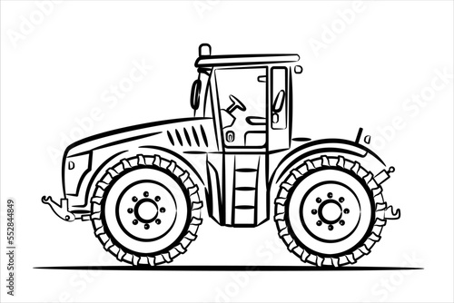 A hand drawn line art of a heavy tractor. Agricultural machine, side view.  Modern flat vector illustration. Side view of modern farm tractor