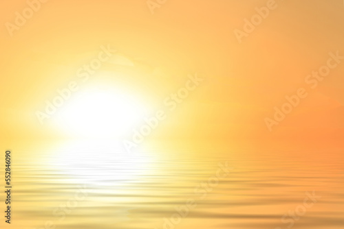 calm water surface at sunset with sun and clouds
