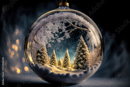 Fotografiet Weihnachtskugel Christbaumkugel an einem Tannenzweig mit Motiv im Inneren Genera