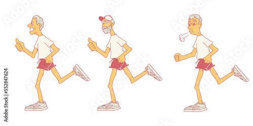 Elderly men go jogging, old people do sports for fun. Athletic older men. Side view. Stock vector illustration of elderly men, pensioners who lead an active lifestyle. Isolated white background.