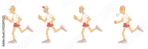 Elderly men go jogging, old people do sports for fun. Athletic older men. Side view. Stock vector illustration of elderly men, pensioners who lead an active lifestyle. Isolated white background.