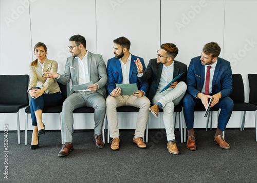 Bild auf Leinwand man woman businesswoman business chair sitting waiting businessman candidate rec