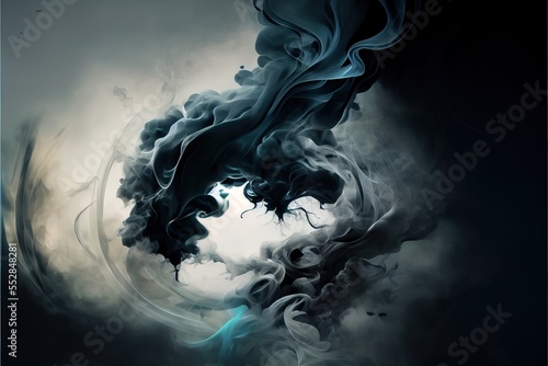  a black and white photo of smoke and water in a circular frame with a black background and a blue and white swirl. Generative AI