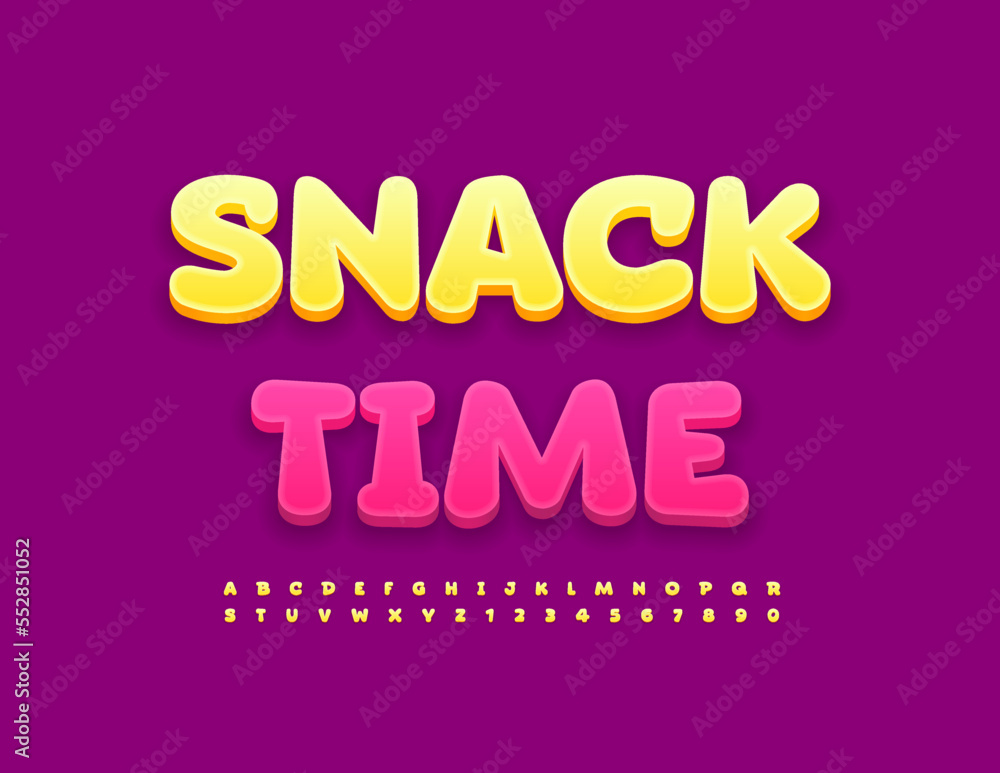 Vector bright banner Snack Time. Funny Yellow Font. Cute Childish Alphabet Letters and Numbers set