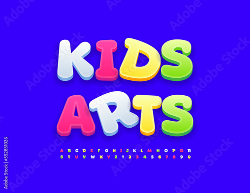 Vector bright card Kids Art with playful colorful Font. Funny set of Alphabet Letters and Numbers