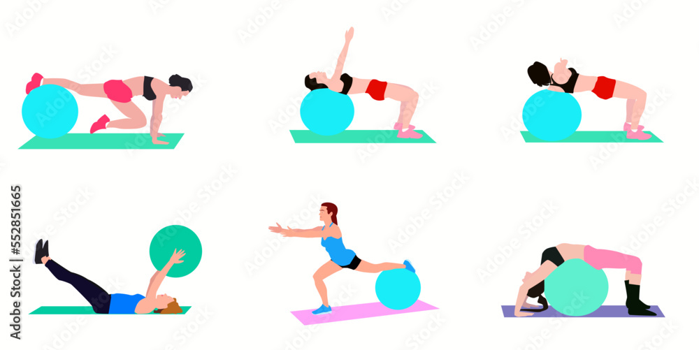 People doing pilates with ball, physical exercises.eps People doing pilates with ball, physical exercises.eps