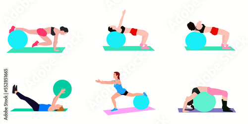 People doing pilates with ball, physical exercises.eps