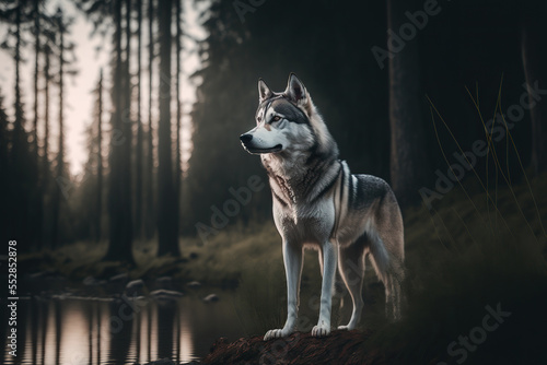 Siberian husky portrait in nature. Concept of animal life, care, health and pets. AI