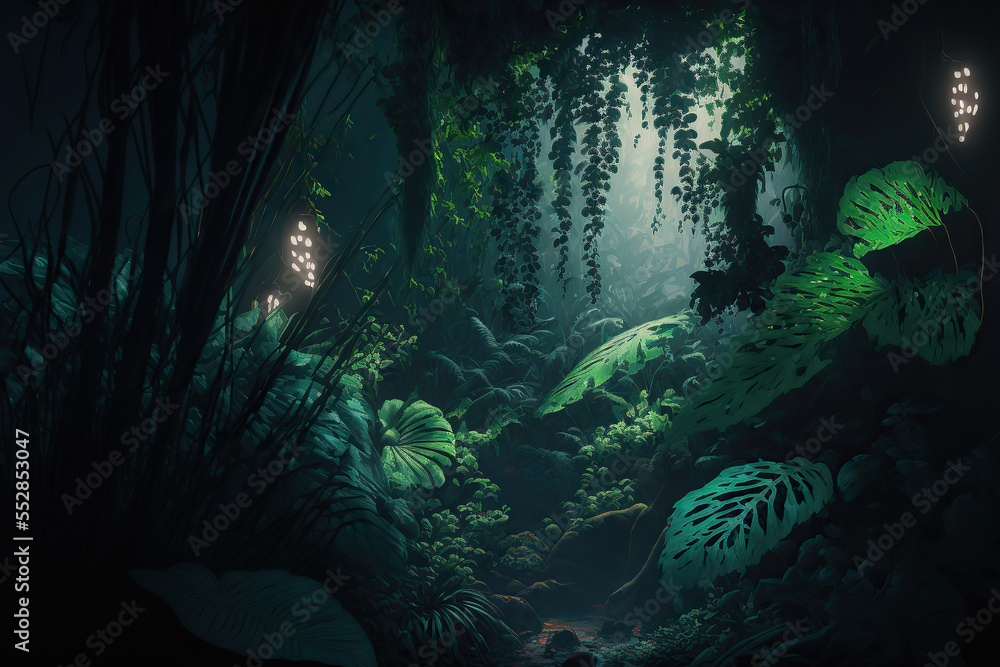 Night tropical jungle background. Atmospheric fantasy forest. AI Night tropical jungle background. Atmospheric fantasy forest. AI