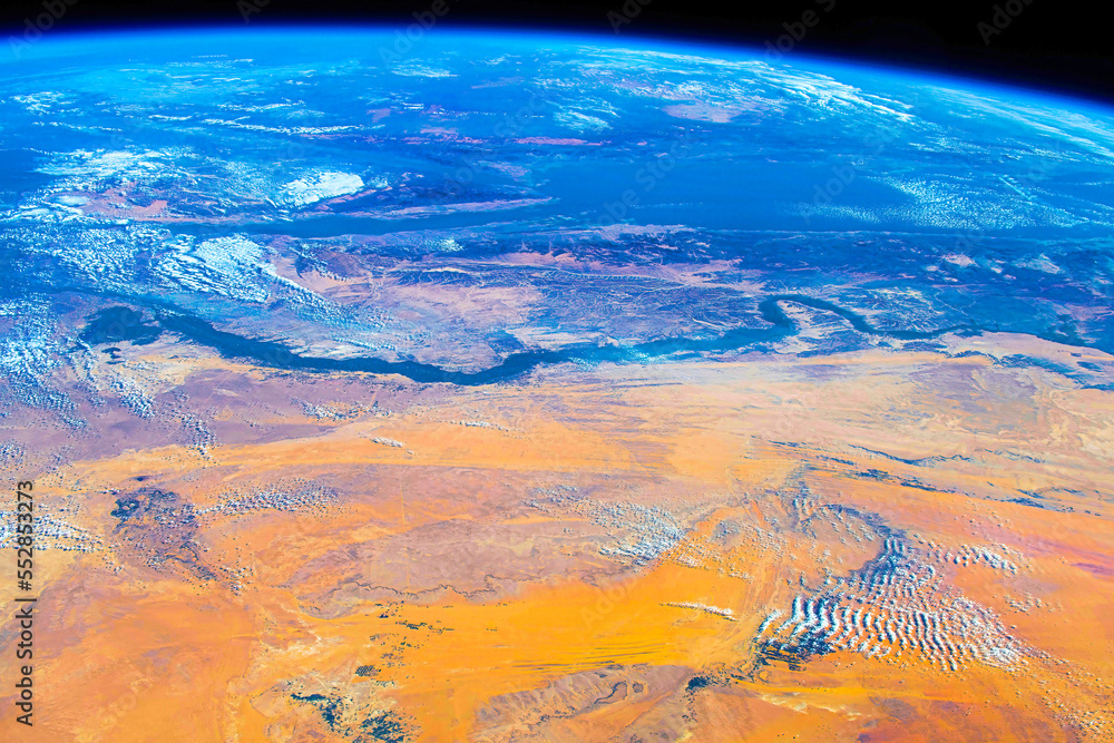 Over Africa with the planet Earth's horizon. Digital Enhancement. Elements by NASA