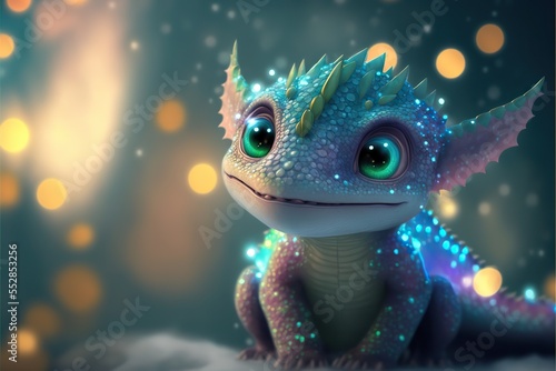 Cute luminescent blue green baby dragon creature, generative ai.