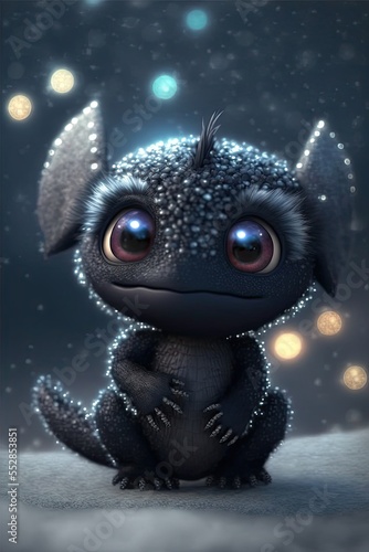 Cute black baby dragon creature, sparkling skin, snow background, generative ai