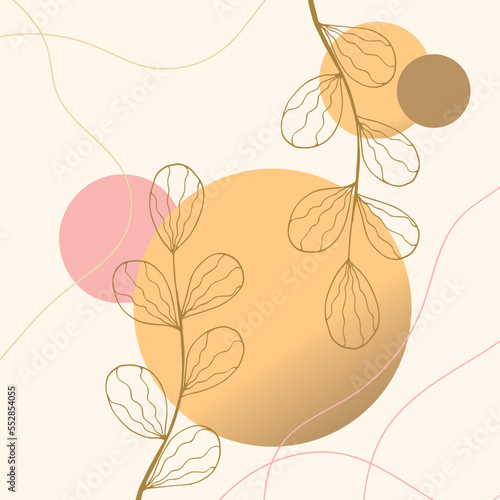 Abstract background with plants and hand drawn shapes. Hand drawn botanical elements. Vector art