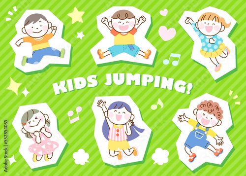 子供たち ジャンプ イラスト セット 白フチグリーンバージョン シール風