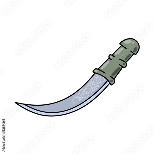 Arab dagger with curved blade. Omani culture and weapons. Yemeni knife with ornament. Flat illustration photo