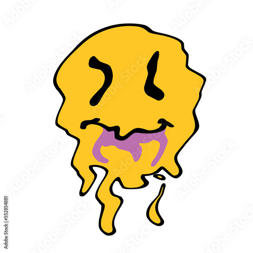 Acid smile face. Melted rave and techno symbol of 90s
